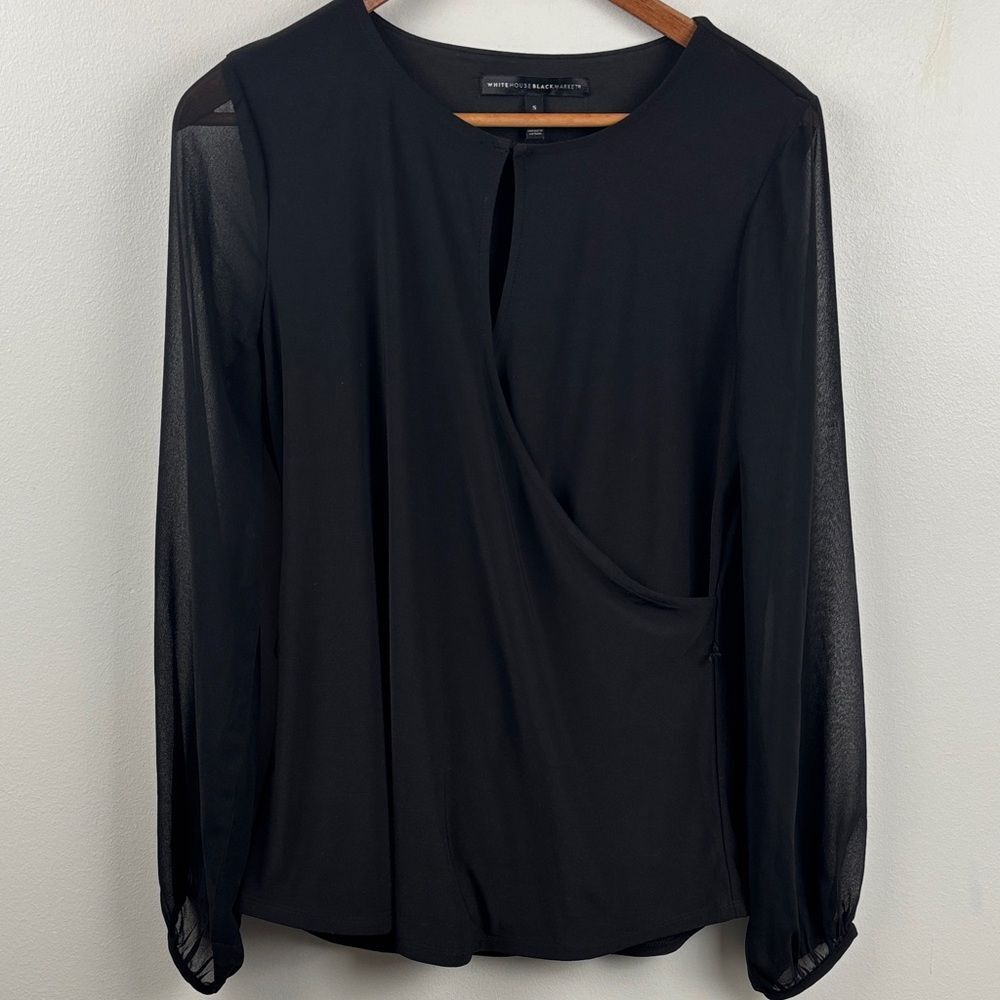 White House Black Market Small Draped Black Blouse sheer sleeves wrapped waist